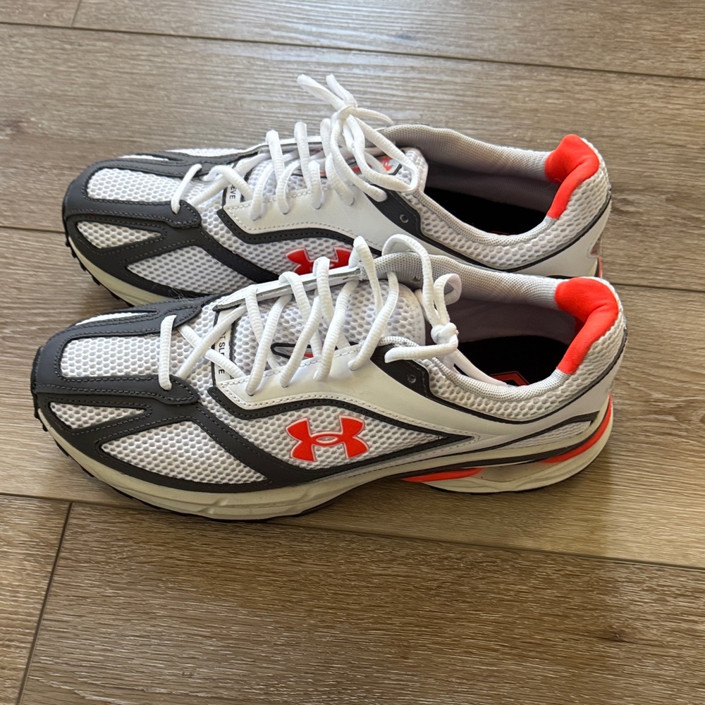 Under Armour White and Gray Running Shoes with Red Highlights